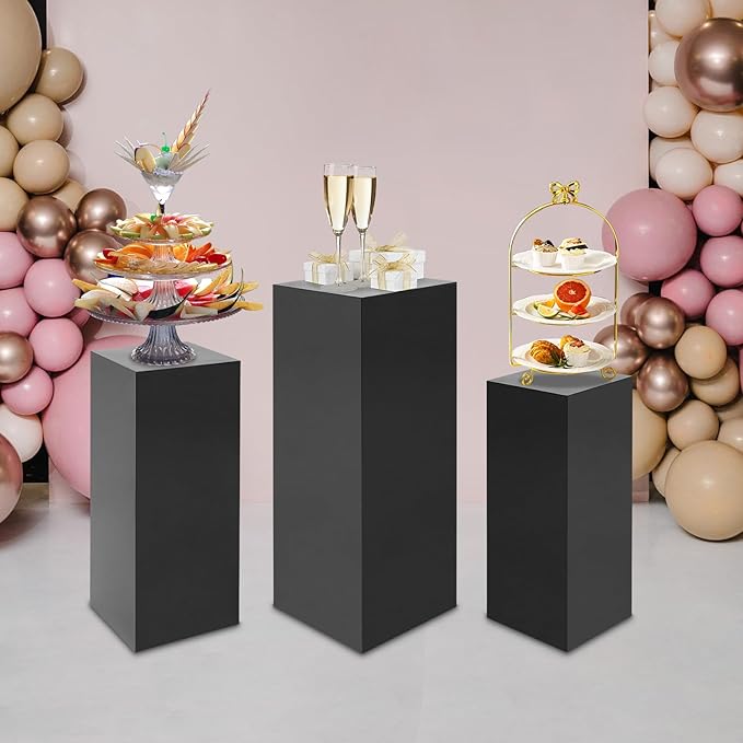 3Pcs Metal Pedestal Stand for Party, Large Black Cake Stand, Pedestal Display Plinth Pillars for Wedding Ceremony Birthday Party Art Decor, Column Decorative Cube for Wedding Dessert Table Display
