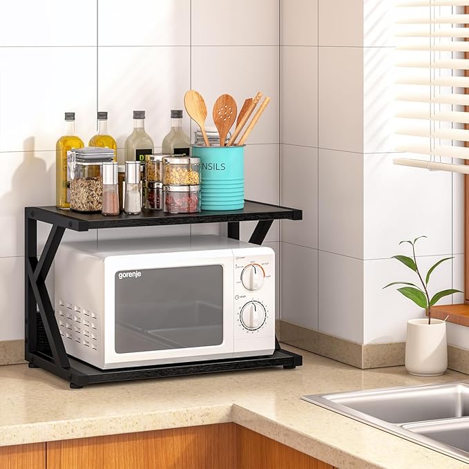 aboxoo Desktop Printer Stand with 2 Tier Wood Storage Shelves,Under Desk Printer Table,Multi-Purpose Home Office Desk Organizer for Fax Machine, Scanner (Black)