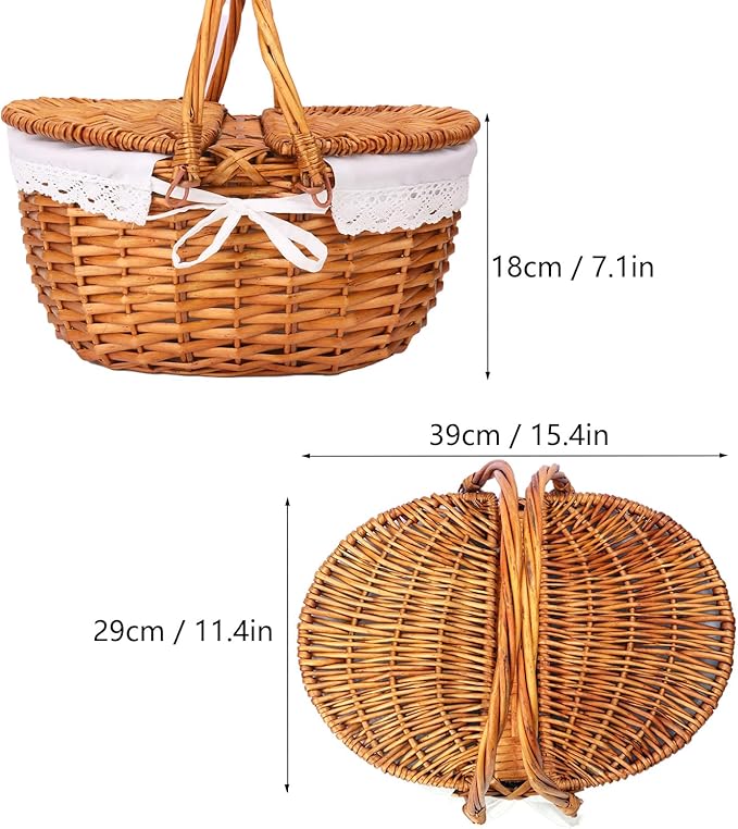 Wicker Picnic Basket with Lid, Wicker Picnic Hamper with Removable Lining and Foldable Handles, Woven Picnic and Outdoor Basket for Camping, Picnics, and Outdoor Adventures