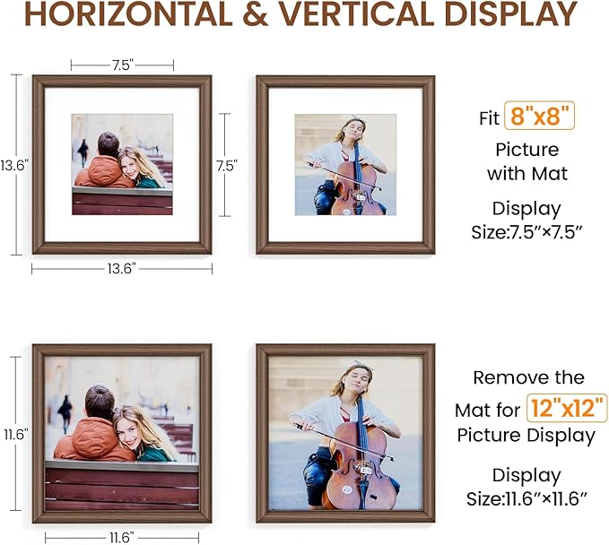 Natural Walnut 12x12 Picture Frames Mat to 8x8 Picture Display Set of 3,Original Wood Handcrafted 12x12 Poster Frame with Tempered Glass Graduation Family Wedding Certificate Photo Wall Mounted