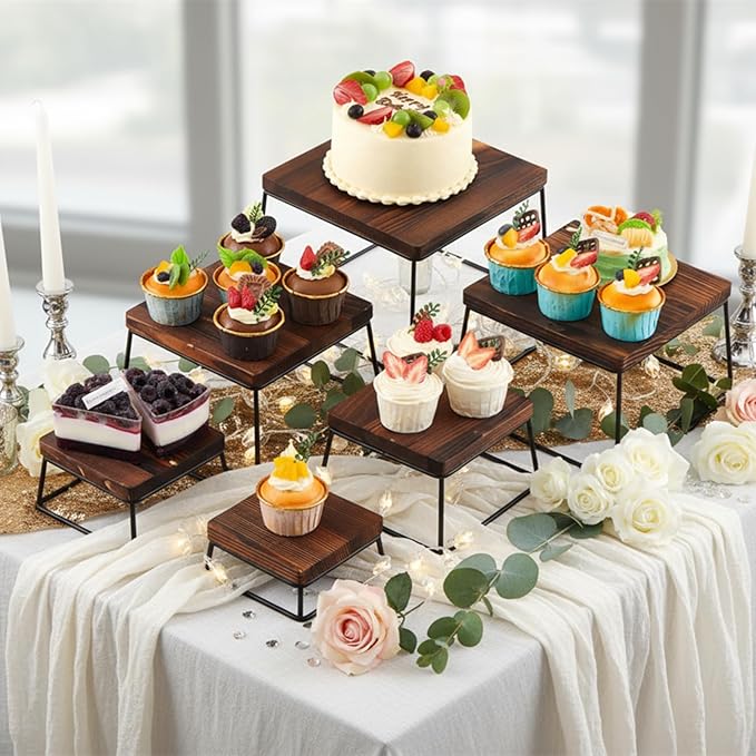 Weysat Set of 6 Dessert Table Display 4.7-8.6" Wood Risers Display Stands, Buffet Risers Food Stands for Party Catering Supplies Buffet Wood Cake Stand Set
