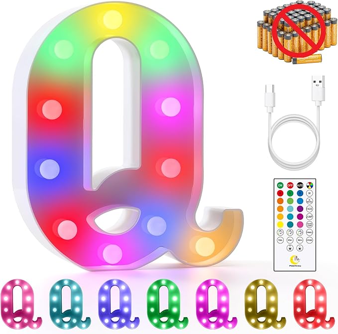 mooncow Rechargeable Light Up Letters,Colorful Marquee Letters with Remote,Gift Wrap Gifts,Bedroom Home Bar Party Decor (Q)