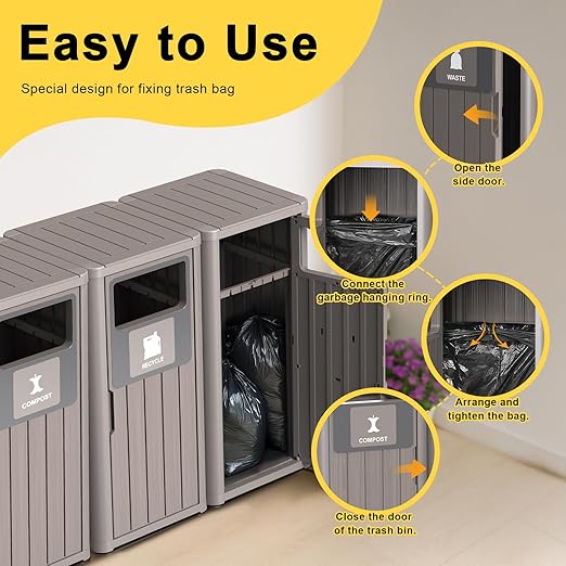 Outdoor Three Barrel Trash Can,Waterproof Resin Garbage Can with Garbage Labels,Durable Waste Bin for Porch, Backyard,Kitchen,for 30 to 39 Gallon Trash Bags
