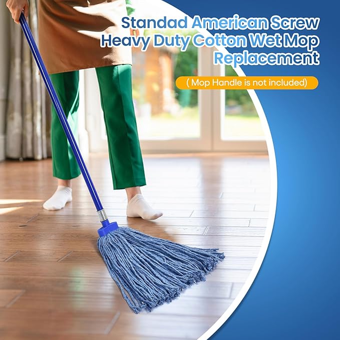 Matthew Cleaning Screw-on Heavy Duty Cotton Wet Mop Replacement Heads(Blue, Medium,6 Pack) with 2 Pack Microfiber Cloth for Residential & Commercial Floor Cleaning Use- Fit Standard American Screw