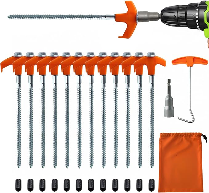 Screw in Tent Stakes Heavy Duty,8 Inch Ground Anchors Screw in,Metal Stakes with Hex Head Driver,Camping Tent Accessories (12, Orange)