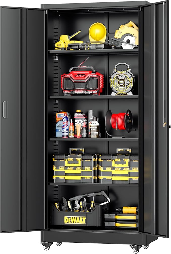 Greenvelly Metal Storage Cabinet with Wheels, 73" Black Lockable Rolling Storage Cabinets with Doors and 4 Adjustable Shelves, Large Steel Cabinet for Garage, Office, Home, School
