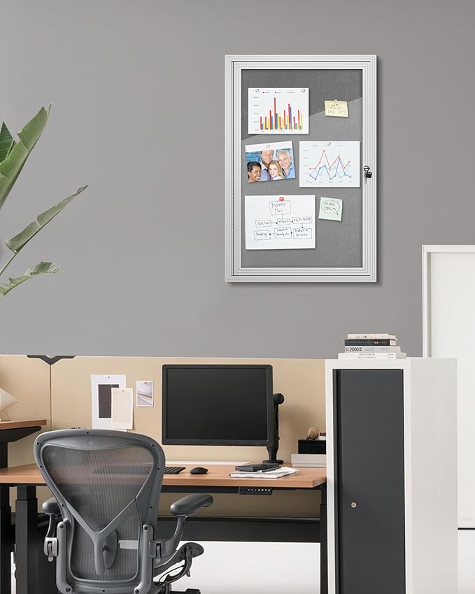 Mifuro 36"x24" Enclosed Bulletin Board, Outdoor Lockable Weather-Resistant Aluminum Cork Noticeboard for School & Office, Silver Frame w/Grey Flet