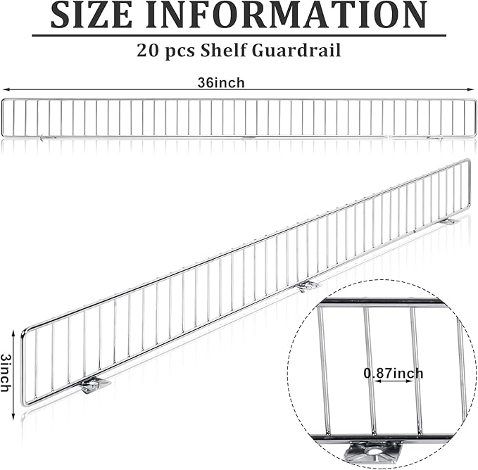 20 Pcs Retail Gondola Shelf Front Wire Fence Guard Rail 36" x 3" Sturdy Metal Supermarket Guardrail Chrome Commodity Organization Baffle Display Enhancer for Retail Stores Fruit Fresh Food