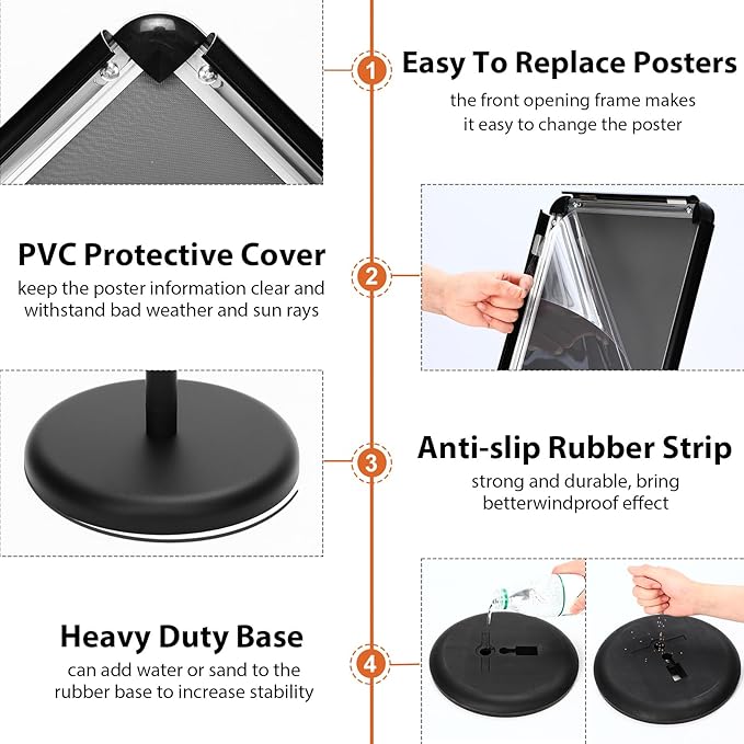 6 Pack Adjustable Sign Stand Holder 8.5'' x 11" Heavy Duty Floor Standing Sign with Base and Snap open Frame Pedestal Stand for Indoor Outdoor Display Vertical Horizontal View (Round Corner)