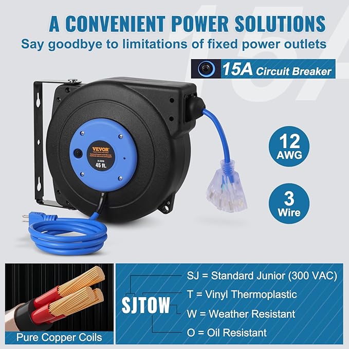 VEVOR Retractable Extension Cord Reel, 45 FT, Heavy Duty 12AWG/3C SJTOW Extension Power Cord with Lighted Triple Tap Outlet, 15A Circuit Breaker 180° Swivel Bracket for Ceiling or Wall Mount, Blue