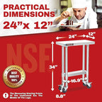 DuraSteel 24x12 NSF Stainless Steel Cart - Heavy Duty Rolling Food Prep Table with Undershelf - Metal Utility Cart for Commercial Restaurant Kitchen, Laundry, Side Mixer Stand