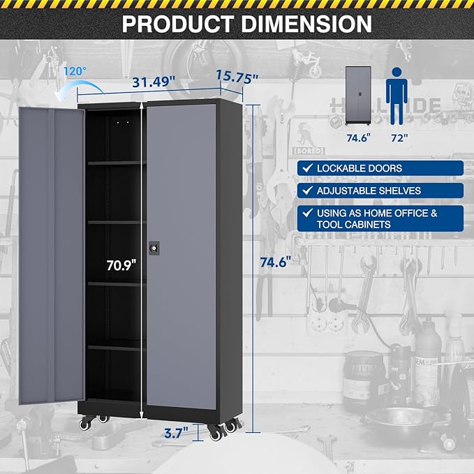 Metal Rolling Storage Cabinet-74.6” Tall Steel File Cabinets with Wheels Lockable Doors and Adjustable Shelves-Black & Gray Steel Storage Cabinet for Home, School, Office, Garage