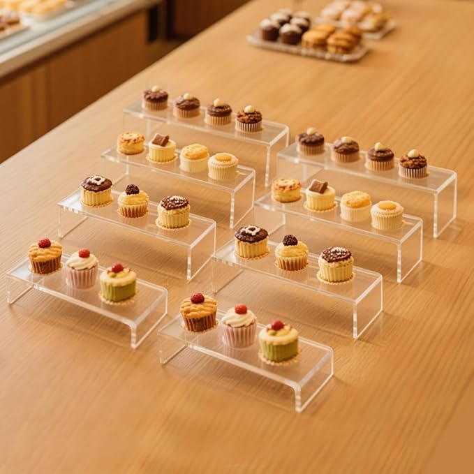 Acrylic Display Riser,8Pcs 12'' Length Tier Display Stands, Thickened to 0.2''(5mm) Acrylic Shelf Risers for Perfume Display,Risers for Buffet Table,Cupcake Stand,Pop Figurines,Tumbler,Food