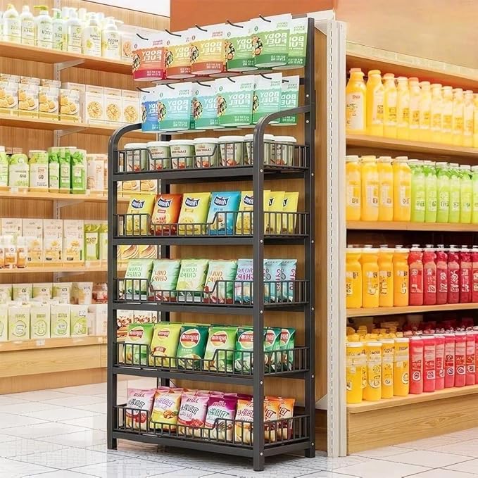 5 Tier Snack Rack Display Stand, Black Chip Rack Display Stand, Candy Display Rack with Hooks, Metal Retail Display Shelves for Store, Kitchen and Office