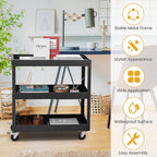 Goplus 3-Tier Utility Cart, Heavy Duty Commercial Service Tool Cart w/Lockable Wheels, 330lbs Load Capacity, Ergonomic Handle, Rolling Mechanic Tool Cart Storage Organizer for Warehouse Garage Black