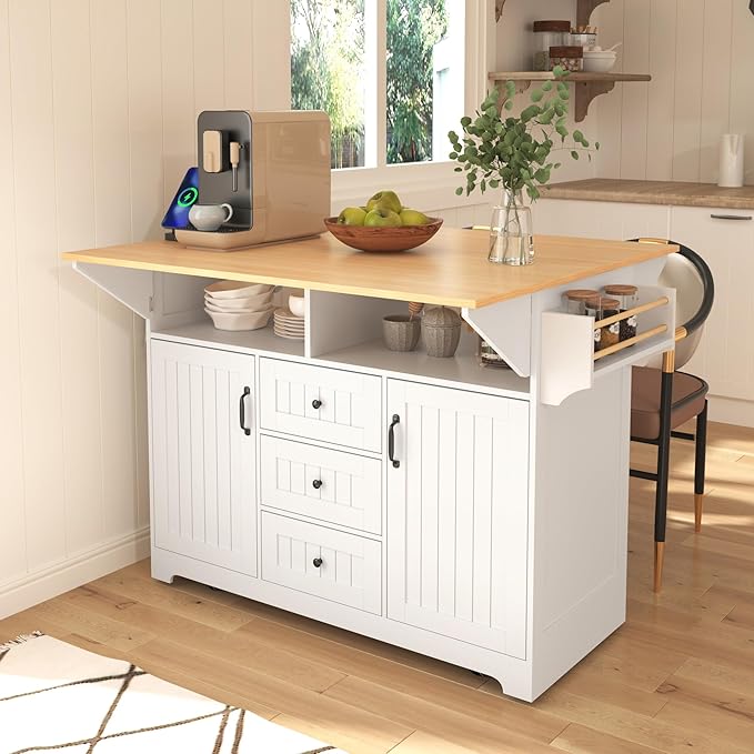 Merax 55.7" Upgraded Large Kitchen Cart Island on Wheels with 2 Drop Leaf,Power Outlet,3 Drawers,Wood Storage Cabinet