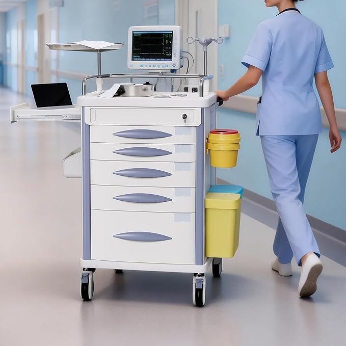 Medical Rolling Crash Cart with Accessories-CPR Board, IV Pole, O2 Holder, Trash Bin, Drawers with Dividers, Mobile Medical Cart for Clinic, Hospital, Nursing Center, Salon, 24.6”Wx19.1”Dx37.1”H