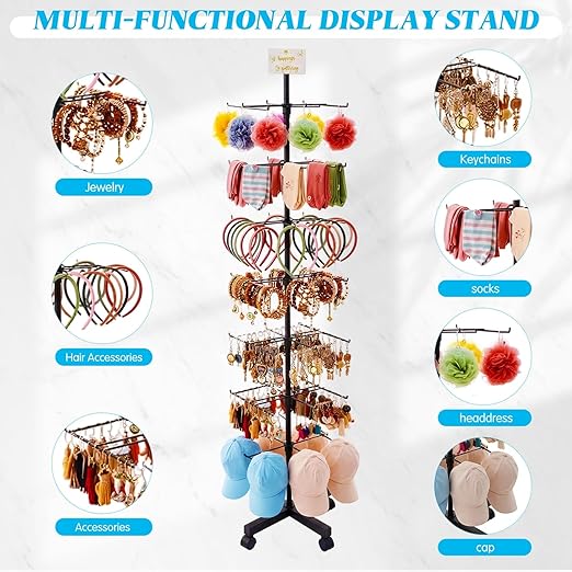 Ripeng 1 Pcs 7‑Tier Retail Display Stand – Rotating Display Rack with Wheels for Jewelry Keychains Socks Hats – Adjustable Movable Shop Spinner for Craft Shows Vendor Events & Stores Accessories,Black