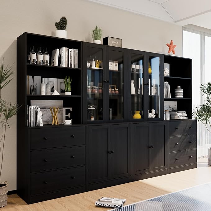 TUSY 71" H Bookshelf Bookcase with Doors, 3-Tier Modern Bookshelves with 3 Large Drawer, Display Bookcase with Glass Doors, Modern 5-Tier Curio Cabinet for Home Office, Dining Room (Black, AB)