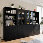 TUSY 71" H Bookshelf Bookcase with Doors, 3-Tier Modern Bookshelves with 3 Large Drawer, Display Bookcase with Glass Doors, Modern 5-Tier Curio Cabinet for Home Office, Dining Room (Black, ABBA)