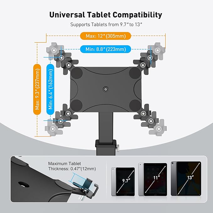 AboveTEK Anti-Theft iPad Kiosk Stand, 360 Rotation & Adj. Height 8.3"–13.4", Heavy-Duty Steel & Aluminum, Fits 9.7"-13" Tablets, Security Retail POS Tablet Stand for Business & Commercial Use