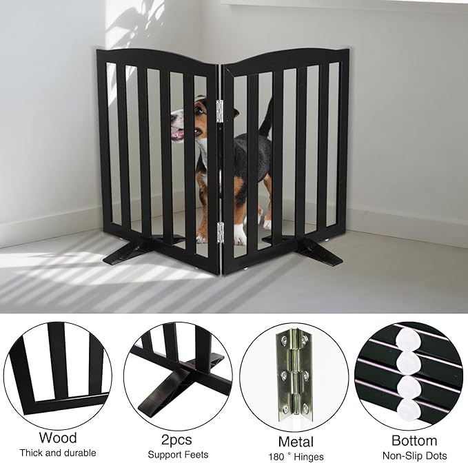 Freestanding Dog Gate Indoor,Doggie Gate Foldable Pet Gates for Doorways,Stairs or Hallways, Wooden Black Pet Gate for The House, Pet Fence with Support Feet Included,32 "Height-2 Panels