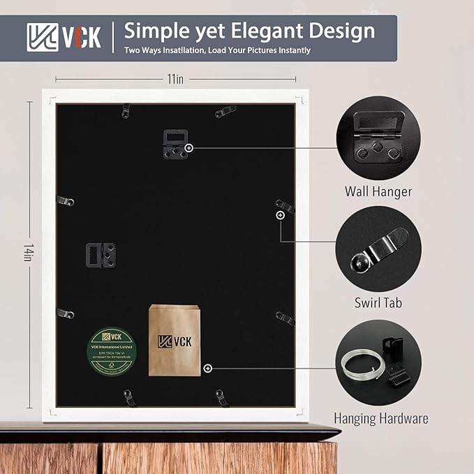VCK 11×14 White Picture Frame with Mat for 8x10 Picture Set of 5 Wall Hanging Wooden Frame with Real Glass For Artwork Documents Family Home Wall Gallery Multi Photo Frame