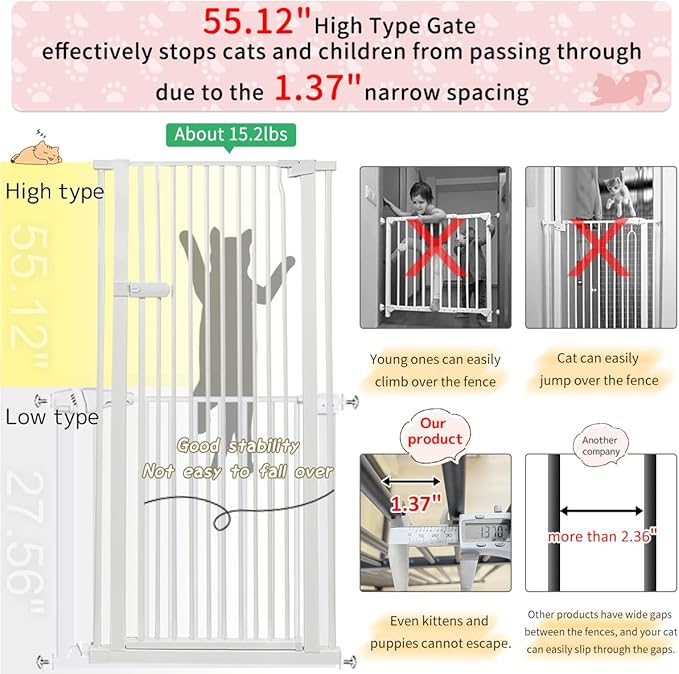 Lumizone Extra Tall Cat Gate 55.12" High Pressure Mounted Extra Wide 2025 New (17 Sizes) 1.37" Gap No Drilling Auto-Close One-Handed Operation Tall Pet Gate for Dogs(White, 55.12" H x 29.92"-46.64" W)