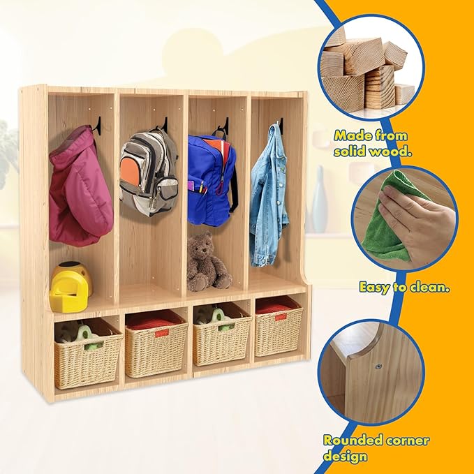 TONGMO Kid's Coat Locker with Bench - 4-Section Toddler-Sized Natural Kids Furniture for Organized Storage (4-Section)
