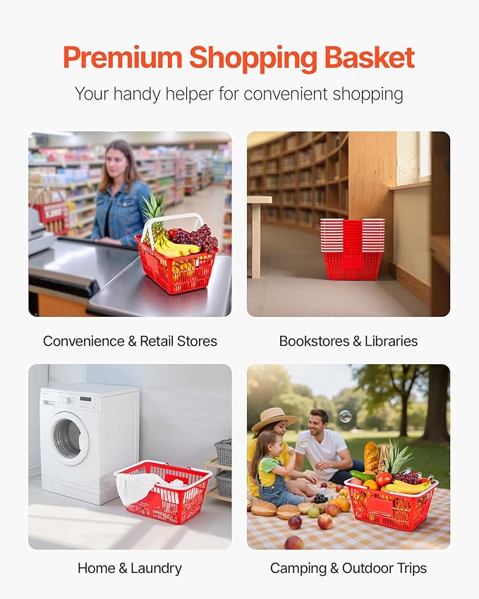 VEVOR Shopping Baskets, 12 PCS, 21L Stackable PE Plastic Grocery Baskets with Handles, Dense Mesh Structure, Holds up to 20 lbs, Portable for Grocery, Retail, Stores, Supermarket, Home Use, Red