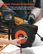Retractable Extension Cord Reel, 40 FT Heavy Duty Power Cord, 12AWG/3C SJTOW, 3 Grounded Outlets Lighted Triple Tap, 15 Amp Circuit Breaker, UL Listed, Orange B40CR06