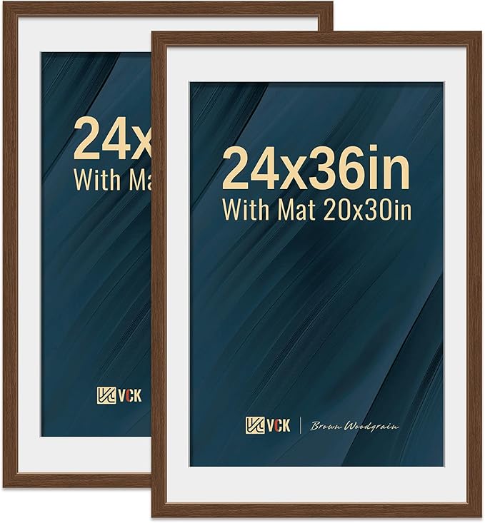 VCK 24x36 Poster Frame 2 Pack - Brown, High-End Wood Picture Frames with Polished Plexiglass, Display 20x30 Photo with Mat or 24x36 without Mat, Art Gallery-Quality, Wall Hanging, Brown