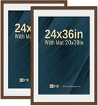 VCK 24x36 Poster Frame 2 Pack - Brown, High-End Wood Picture Frames with Polished Plexiglass, Display 20x30 Photo with Mat or 24x36 without Mat, Art Gallery-Quality, Wall Hanging, Brown