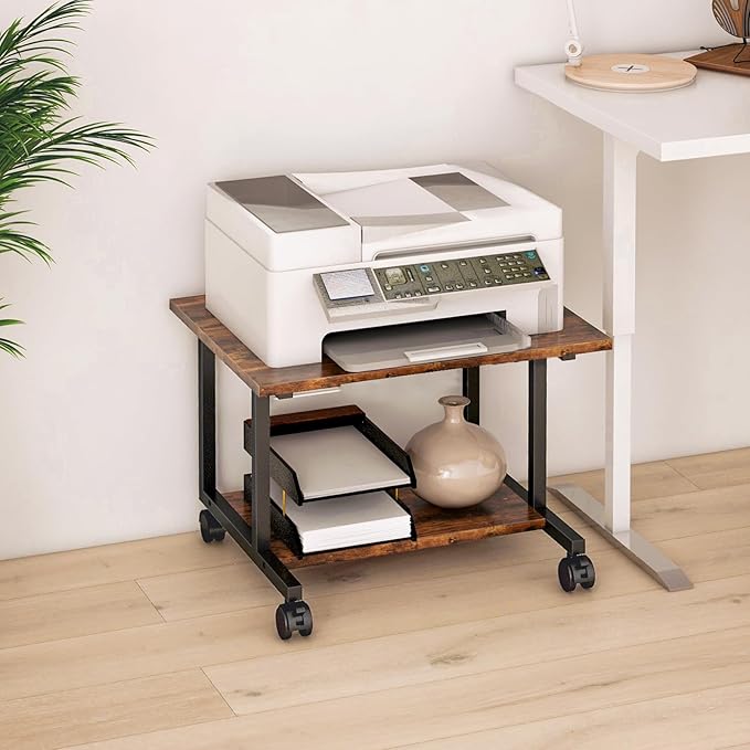 Livofloral Under Desk Printer Stand, 20.5 x 15.7 Inches Printer Table for Home Office, Printer Cart with Wheels,Small Printer Stand with Storage Shelf, Rolling Industrial Printer Stand, Rustic Brown