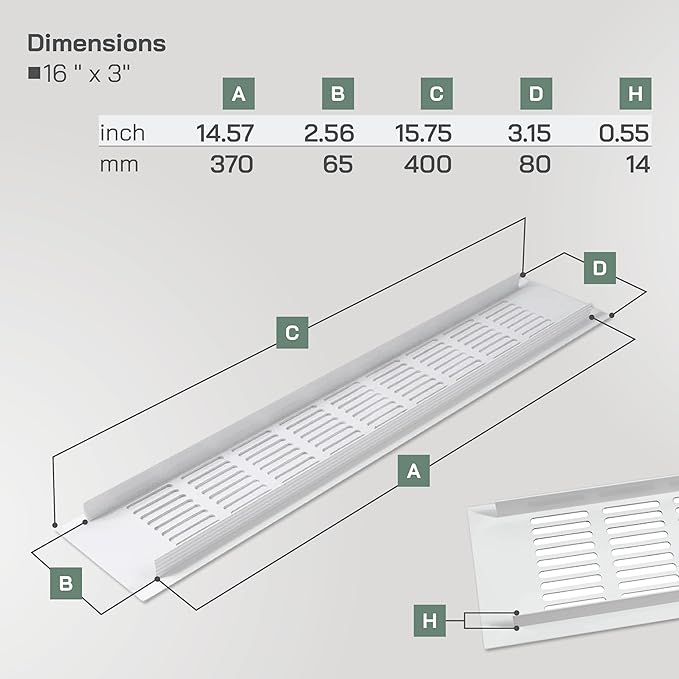 Vent Systems 15.75 x 3.15 Inch (Outer Size) - Pack of 2 - Rectangular Door Vent - White Aluminum Vent Cover, Toe Kick Vent Cover - HVAC for Home, Cabinet Vent - Intake/Exhaust Door Return Air Vent