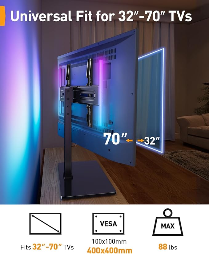 Perlegear Universal Swivel TV Stand with LED Lights for 32–70 inch TVs, Height Adjustable Table Top TV Stand with Tilt, Tempered Glass Base, Holds up to 88 lbs, Max VESA 400x400mm, PGTVS32B