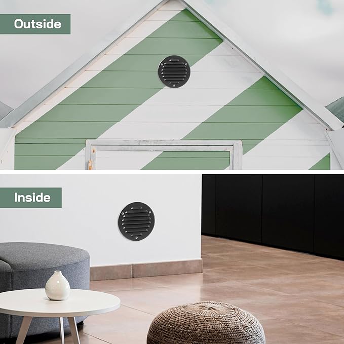 Vent Systems - 4 Inch (Inner) Pack of 2 Black Metal Round Soffit Air Vent Grille Cover, Register air Vent Deflector, Louver - Built-in Mesh - HVAC for Bathroom, Home Office, Kitchen 5 Inch (Outer)
