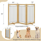 Wire Dog Gate Solid Wood Frame, Anti-Chewing, 3-Panel, 36" Height, 60" Width, Indoor Freestanding Pet Gate Foldable Wooden Dog Fences for Stairs, House, Doorway, Oak Color