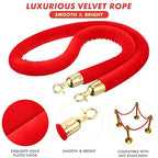 Woanger 6 Pack Velvet Stanchion Rope, 5 Feet Crowd Control Stanchion Ropes Safety Barrier with Gold Plated Hook for Carpet Events Movie Theaters Grand Openings Hotels Party (Red)