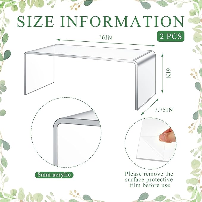 2 Pcs 16 Inch Large Acrylic Risers Display Stands 8 mm Thick Acrylic Shelf Riser Showcase for Collectibles Jewelry Cupcakes Food Figures Perfume Cabinet (Clear)