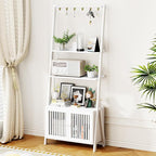 Bookcase with Drawers, 4-Tier Bamboo Bookshelf Ladder Shelf with 6 Hooks, Tall Narrow Retro Book Shelf, 24.8"L x 10.6"W x 59.5"H, Standing Storage Organizer for Living Room, Office, Bedroom, White