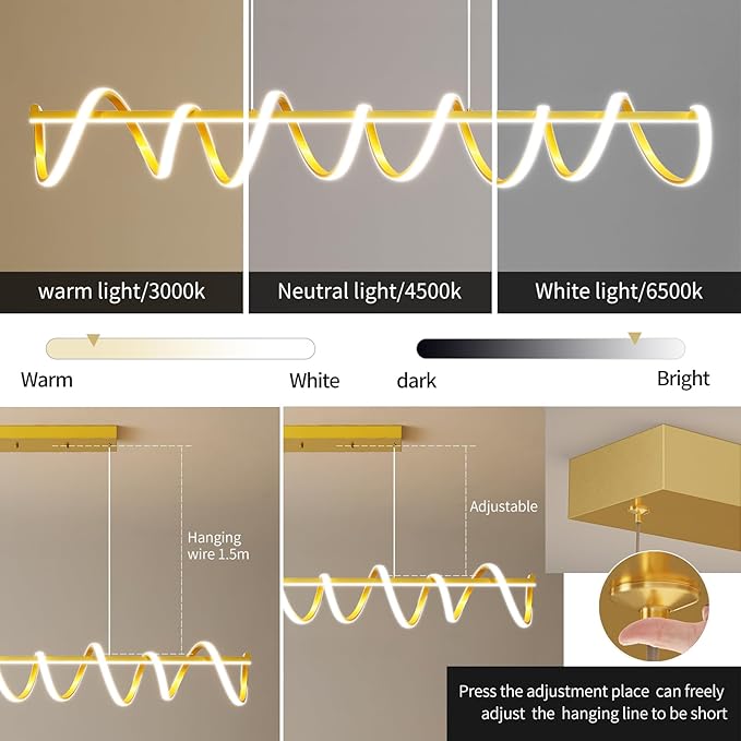 Modern Design Dimmable Desk Linear Pendant Light, with Remote Control Dimmable 3 Color Mode & Brightness Ceiling Lamp, Anti-Flicker Dining Light Fixture for Kitchen（47IN，Gold）