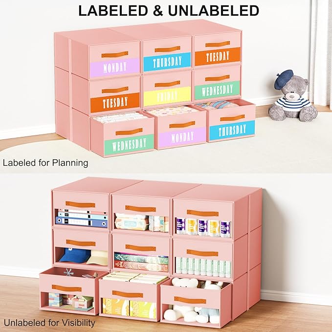 Stackable Storage Drawers - Pull Out Storage Bins with Drawers for Closet Clothes Organizers with Weekly Labels & Clear Window, Closet Shelf Storage for Bedroom, Living Room, 5 Pack, Pink