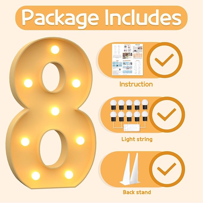 Marquee Numbers 3 Feet Tall Large Light Up Numbers 8th 18th 80th Birthday Decorations Big Yellow Light Outdoor Anniversary Decorations Balloon Arch Kit Party Backdrop 8