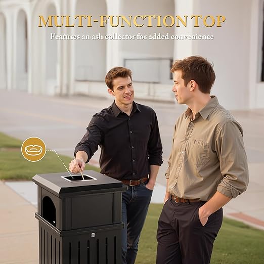 Black Stainless Steel Commercial Trash Can with Locking Lid, Heavy Duty Outdoor/Indoor Waste Container, Perforated Steel Panels, Removable Inner Bucket for Patio, Park, Garden-35.5x15.8x15.8in