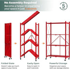 DEANIC 4 Tier Foldable Storage Shelves with Wheels, Large Capacity Shelving Unit, Freestanding Metal Wire Shelf Rack, No Assembly Organizer Rack for Garage Kitchen, Basement(Red)