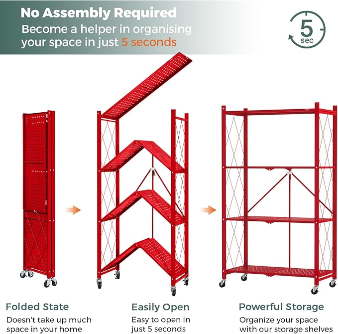 DEANIC 4 Tier Foldable Storage Shelves with Wheels, Large Capacity Shelving Unit, Freestanding Metal Wire Shelf Rack, No Assembly Organizer Rack for Garage Kitchen, Basement, Pantry(Red Pack of 2)