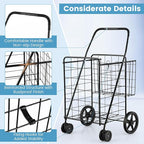 COSTWAY Folding Shopping Cart, Metal Grocery Cart with Extra Basket, 360° Swiveling Front Wheels & Comfortable Handle, Light Weight Collapsible Utility Cart for Laundry, Camping (Black)