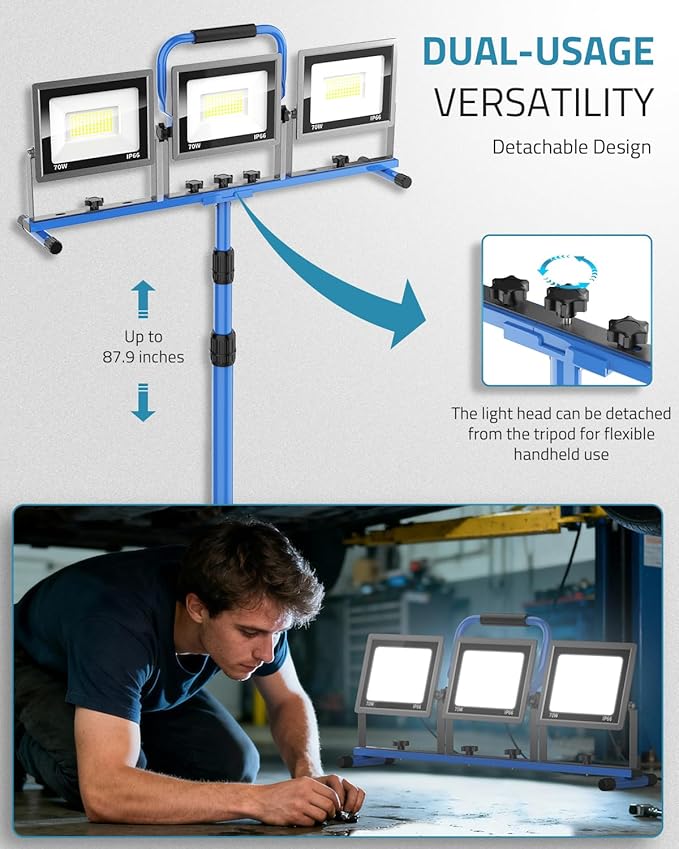 PAULINN 21000 Lumen Work Lights with Stand, 3 Adjustable Head LED Work Light with Foldable Stand and 16FT Cord, IP66 Waterproof Led Construction Light