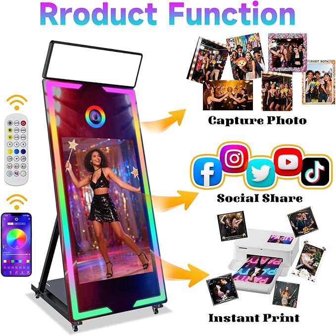 Magic Mirror Photo Booth 65" with 43" Touch Screen Selfie Mirror Photo Booth Machine with Flight Case, Mirror Photo Booth for Event Rental Wedding Party (65-43in White)